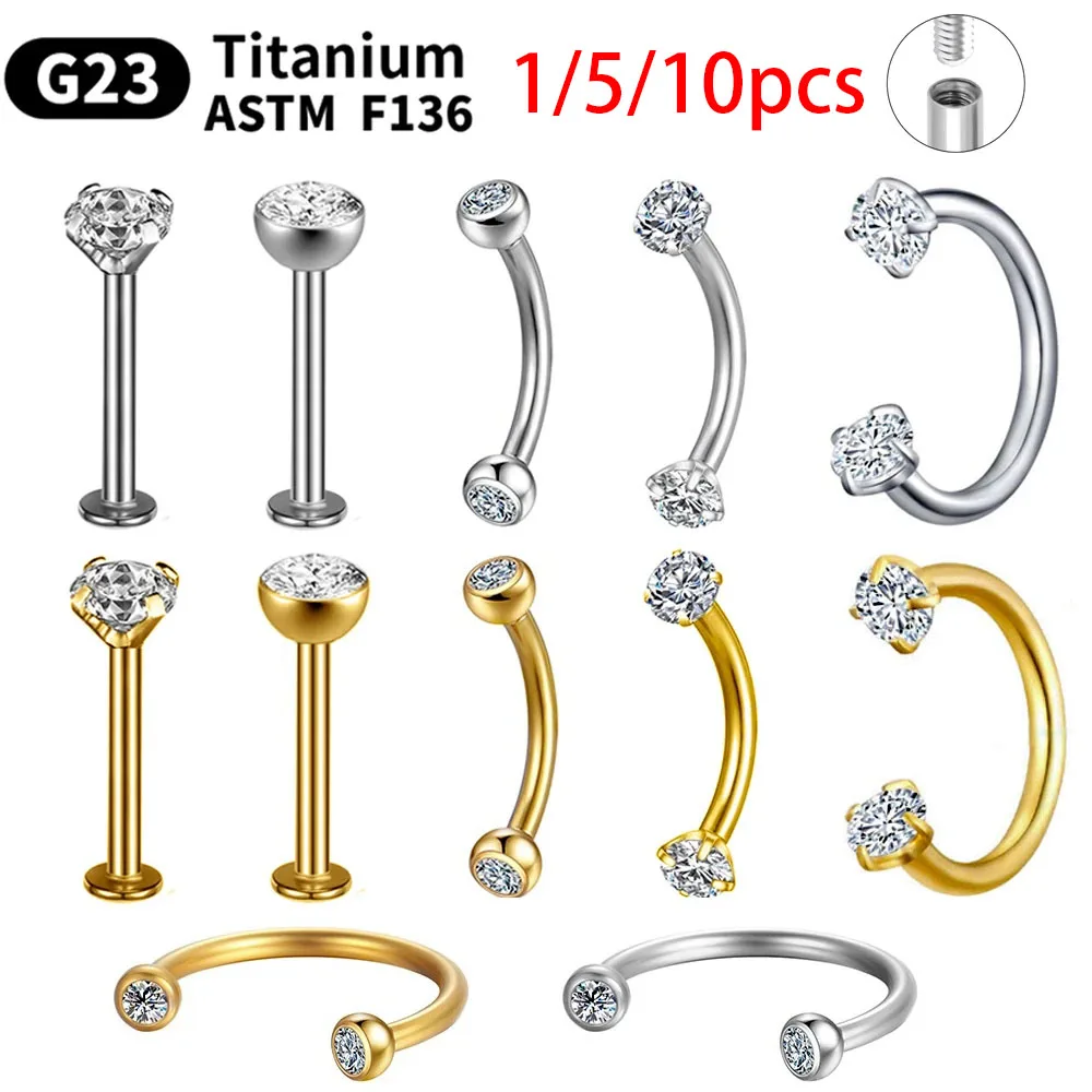 1/5/10pcs G23 Titanium Piercings Labret Stud Lip 16G Eyebrow C rod Body Jewelry ASTM-F136 Cartilage zircon Earring Wholesale