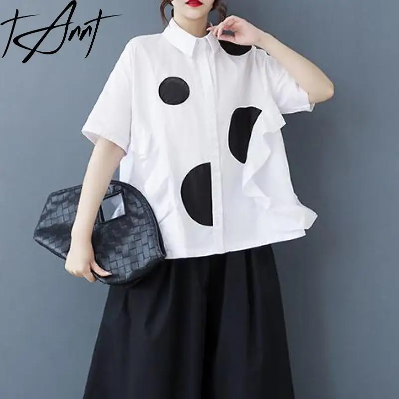 

Tannt Women Shirt Blouse Asymmetry Ruffles Patchwork Fashion Dot Blouse Tops 2025 New Casual Irregular Summer Women Shirt Tops