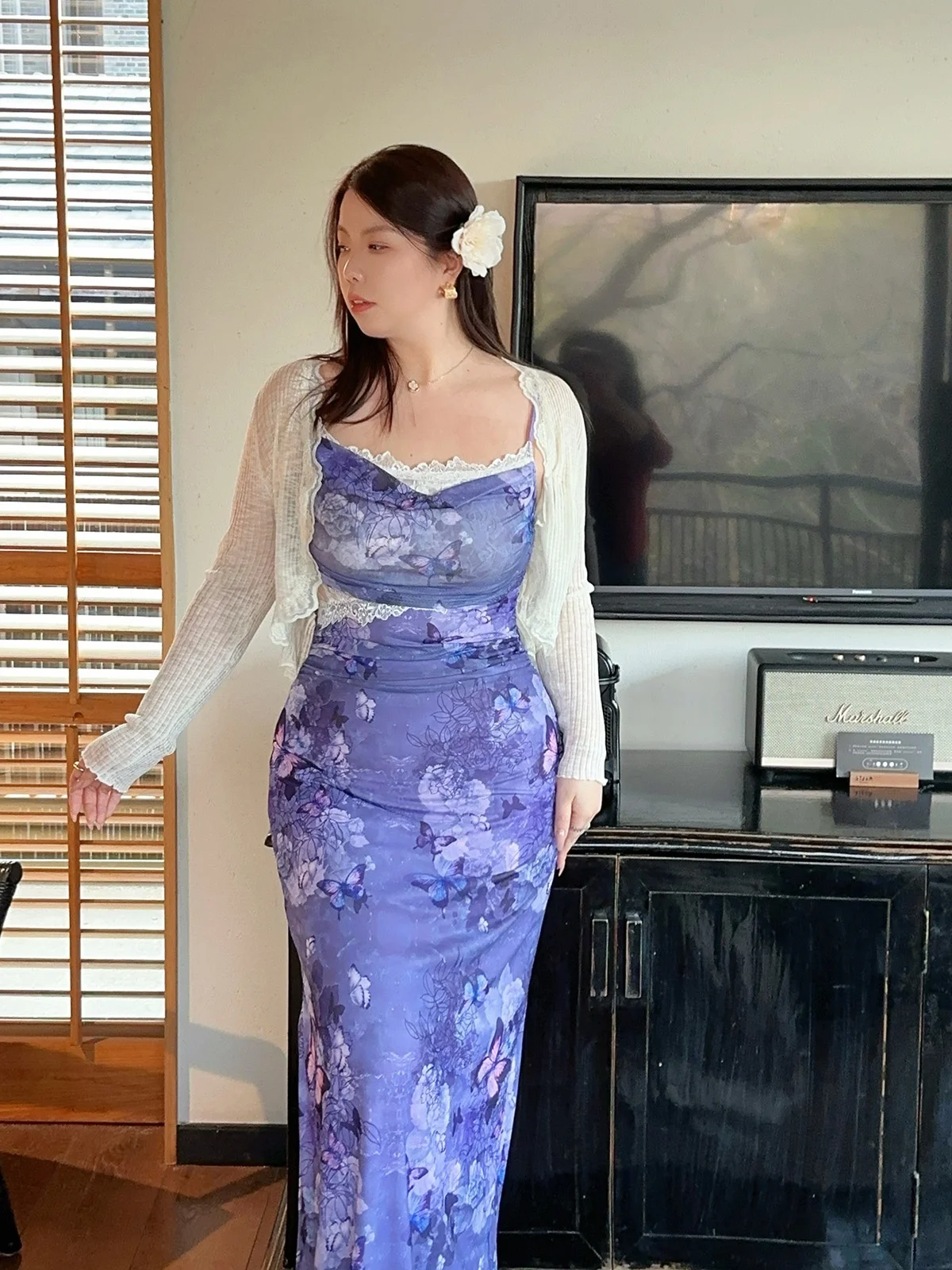 

Vacation Style Purple Dress Slimming Travel Outfit Elegant Tie Dye Large Size Strap Dress Summer Long Skirt