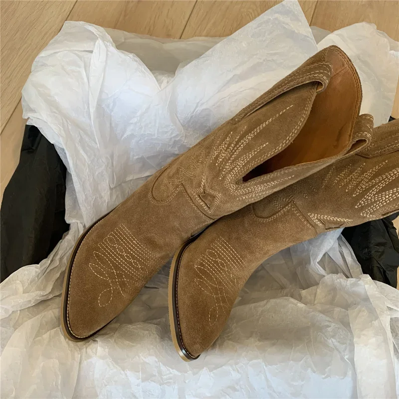 2023 Natural Embroidered Women Boots Leather Handmade Pointed Toe Spike Heel Autumn Winter Boots Cowboy New Western Retro Botas