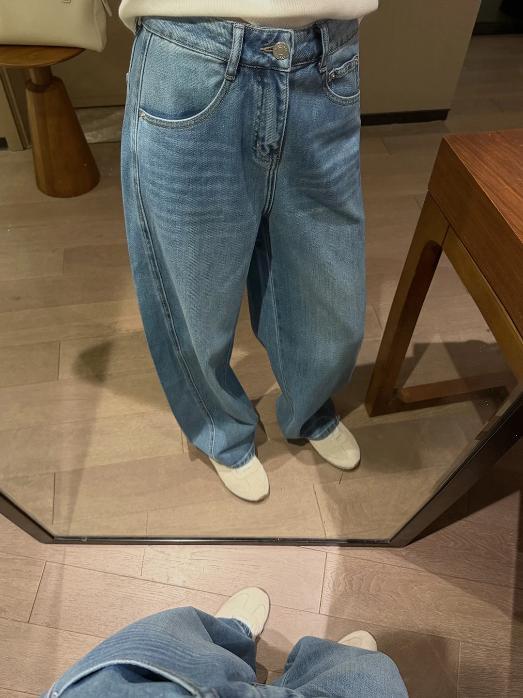 

Retro Waed American Design Spliced Denim Pants Loose Wide Leg Jeans High Waist Zipper Closure Blue Spring New Arrival