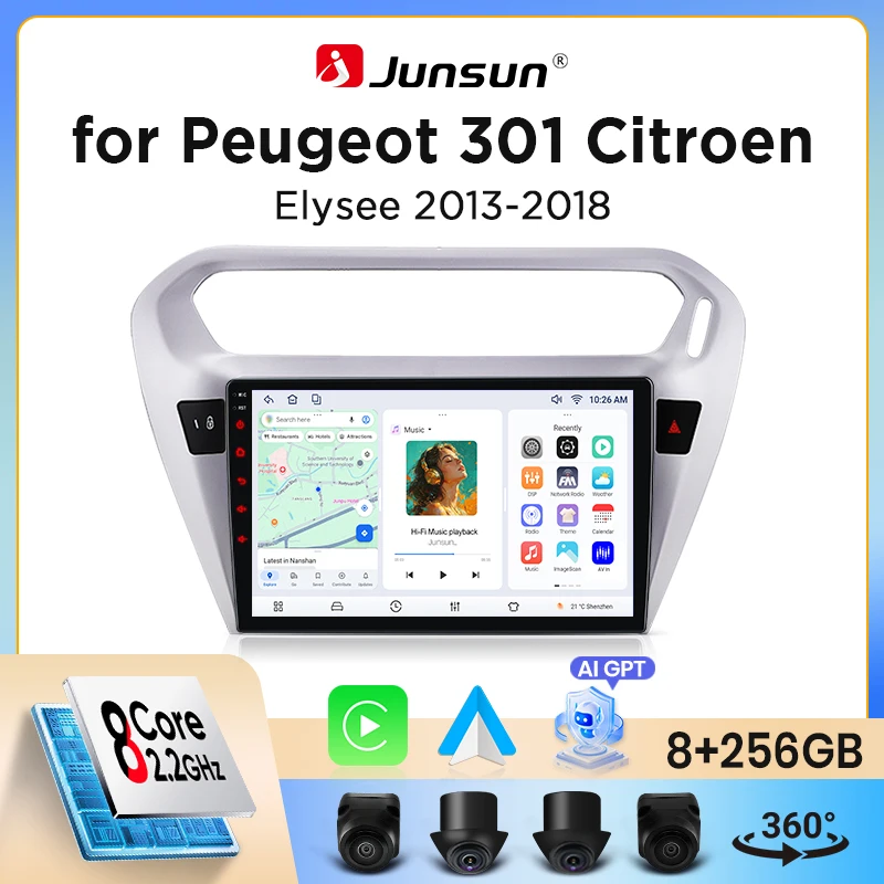 Autoradio Junsun Wireless CarPlay Android Auto per Citroen C-Elysee / Peugeot 301 2012-2020 con ventola di raffreddamento integrata, navigatore GPS Android, lettore multimediale, WiFi, DSP, RDS, BT,