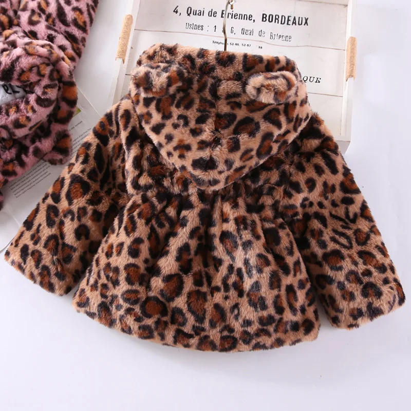 Autunno inverno peluche neonate giacca moda stampa leopardo caldo cappotto di pelliccia sintetica per ragazze capispalla con cappuccio 2-8 anni