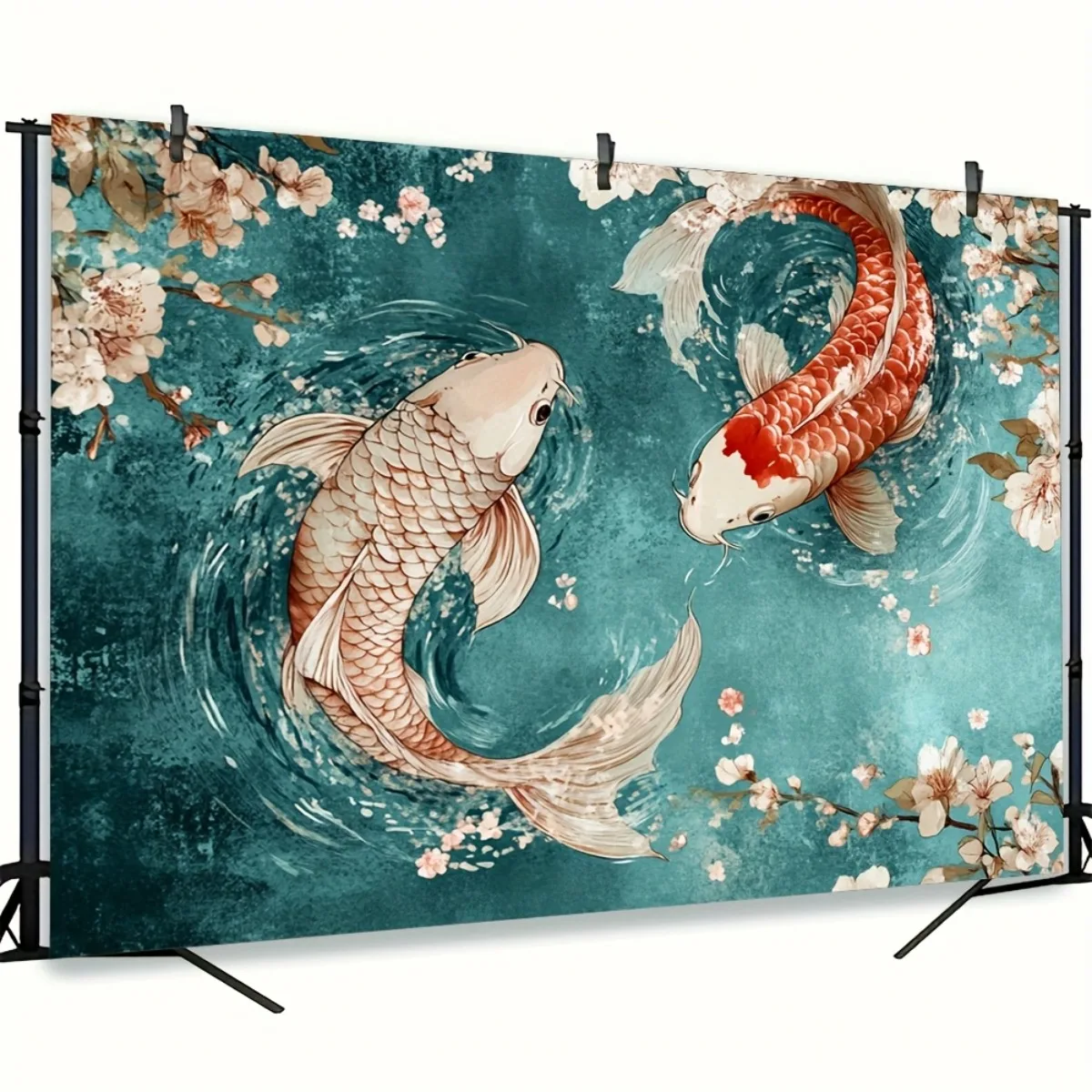 Elegant Koi Fish Cherry Blossom Tapestry Wall Hanging Japanese Asian Mural Art for Modern Bedroom Living Room Home Decor