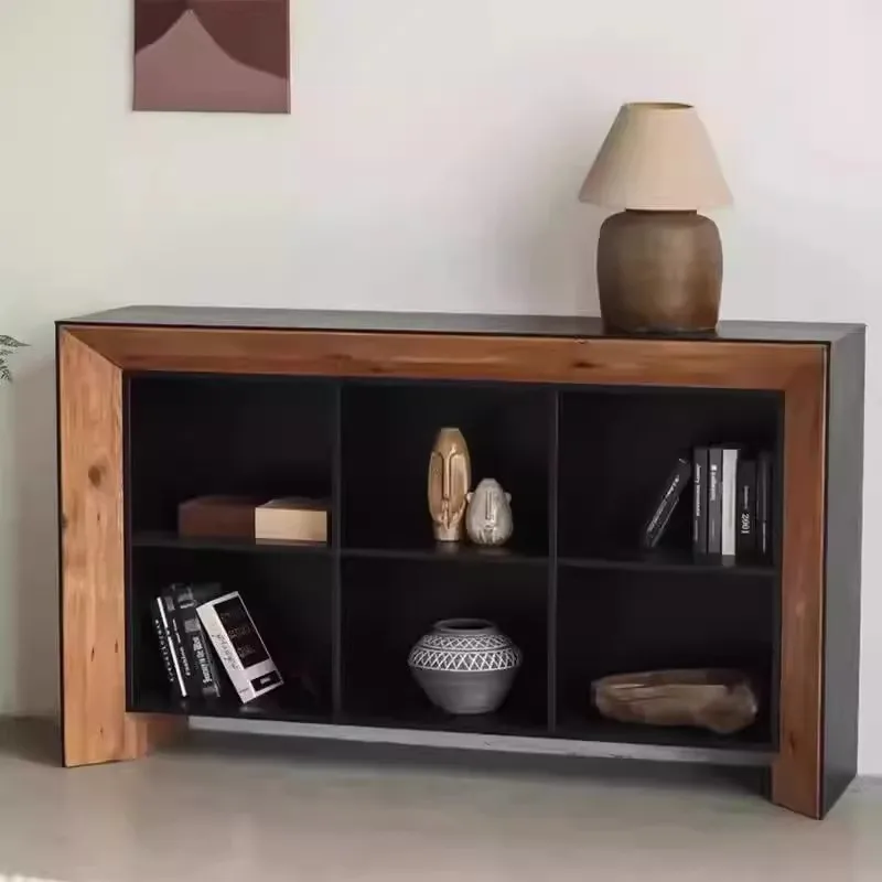 Medieval black solid wood dining side cabinet retro and old visual six-grid shelf living room decoration entrance fireplace cabi