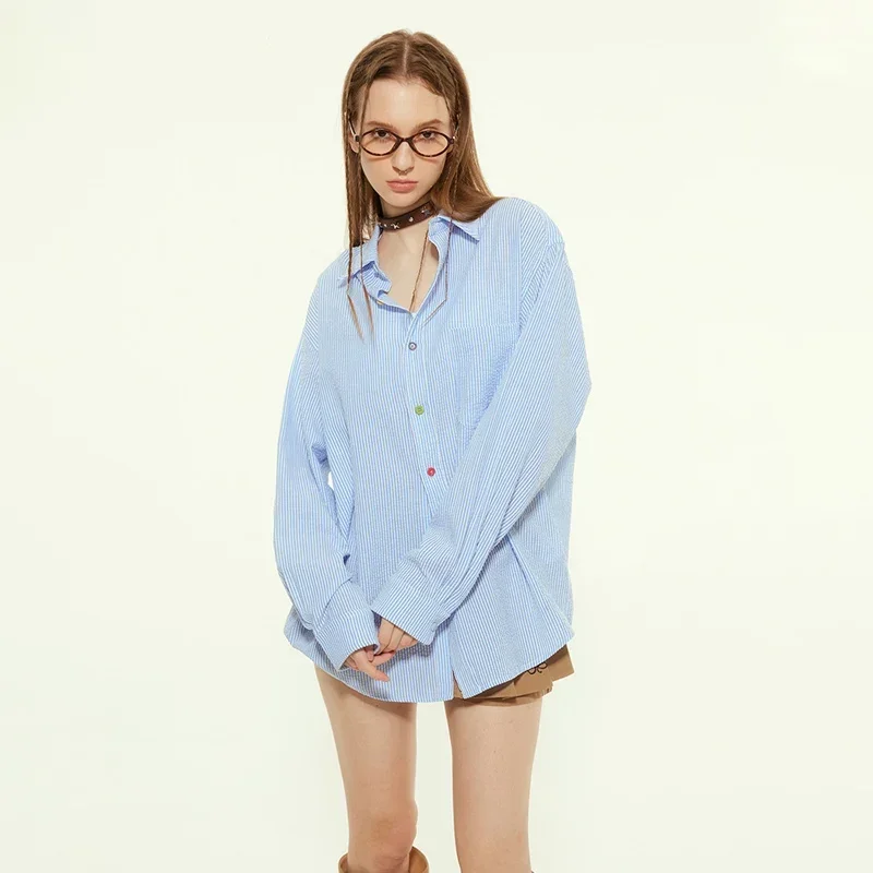 CASUMANL Brand 2024 Autumn Plain Shirt Females Baggy Color Blocking Striped Basics Popular Women Shirts Korean Popular Clothes