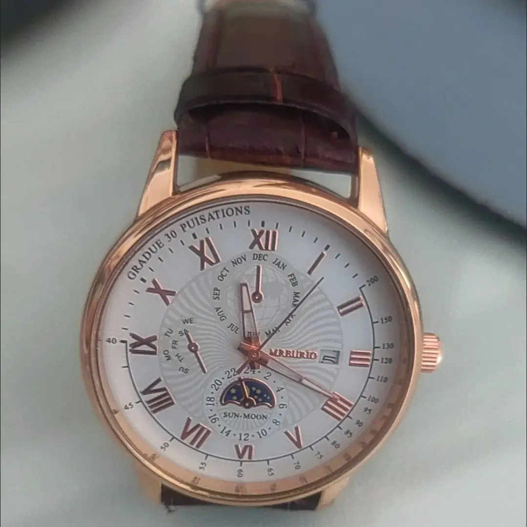 

Мужские повседневные роскошные водонепроницаемые кварцевые наручные часы со светящимся кожаным ремешком и хронографом фаз Луны