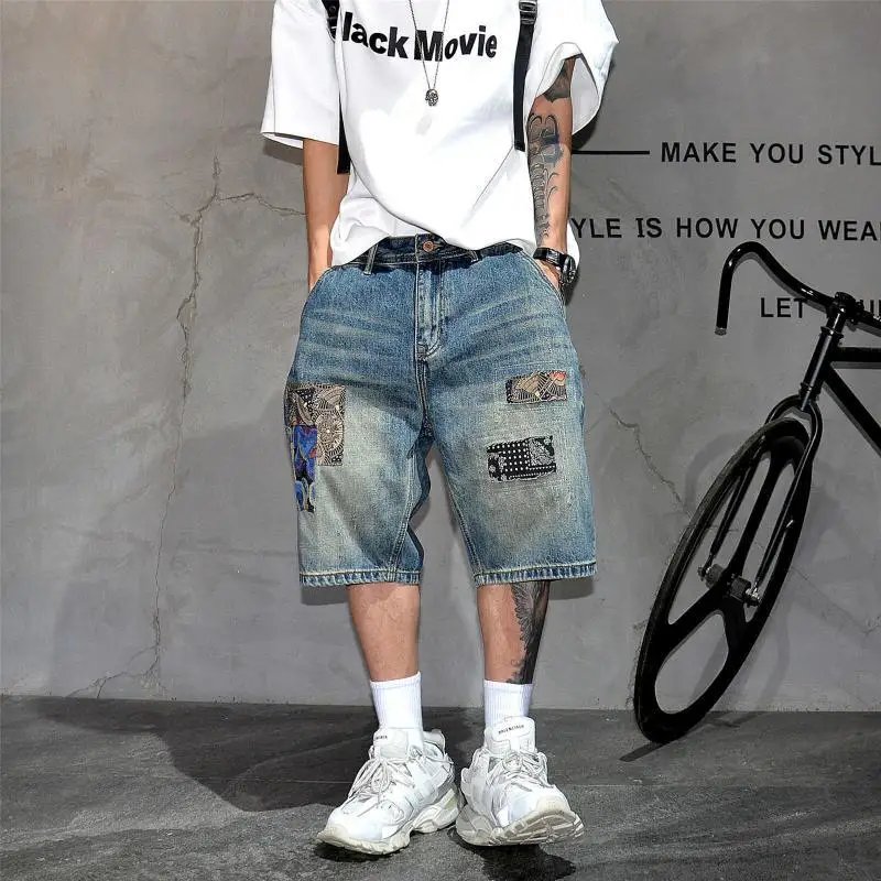 Men's Patchwork Distressed Denim Shorts Loose Fit Washed Casual Jean Shorts