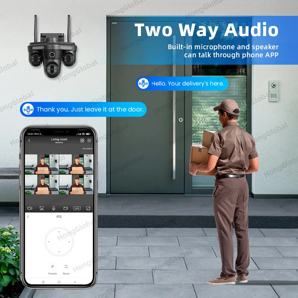 Hongnaer 8MP 4K FFVideo 4 Lenses Outdoor Video PTZ Network IP WiFi Wireless CCTV Home Security Camera