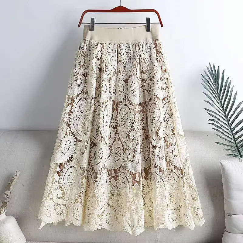 

Vintage Fashion Crochet Lace Skirt Women's Spring Summer Korean Hollow Elastic High Waist Pleated Solid A Line Midi Party Skirts