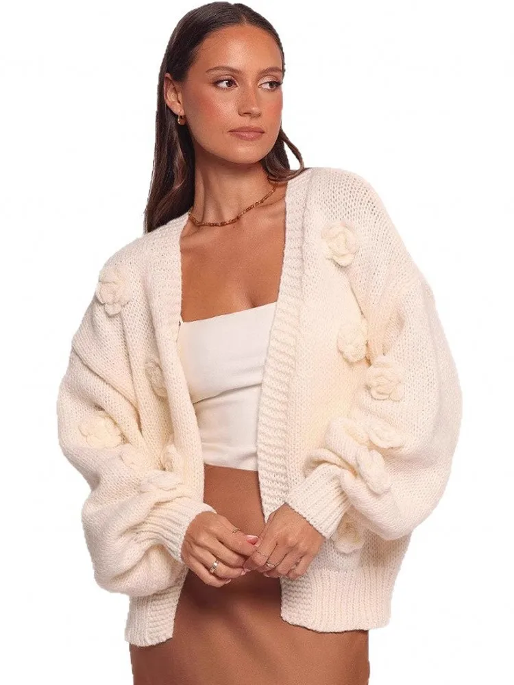 

Women Knit Cardigan Sweater Coat 2025 Autumn Winter Long Sleeve V Neck Print Button Down Top Knitwear Female Outerwear Jacket
