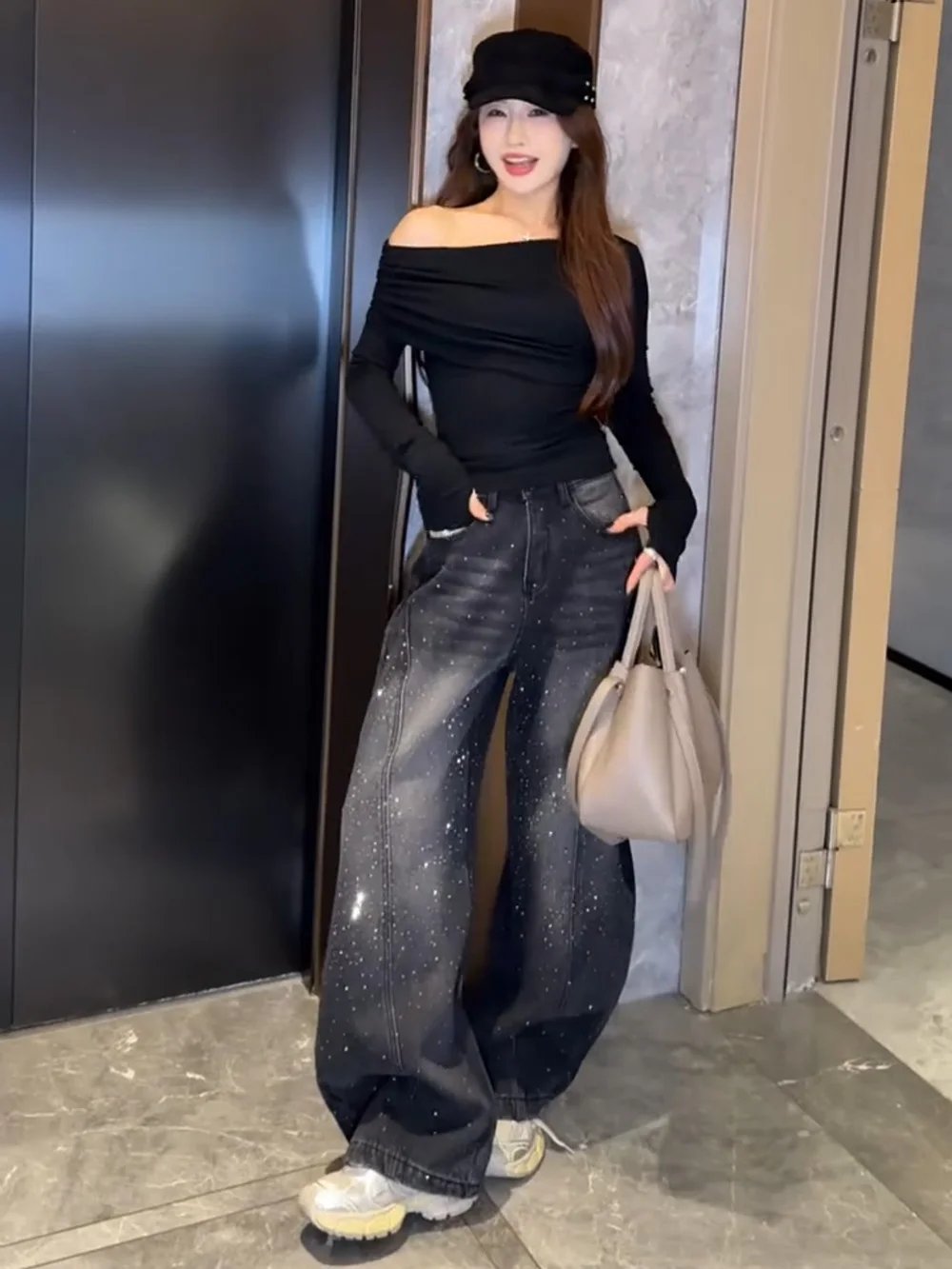 American Style Heavy Duty High Waist Wide Leg Jeans Women's Spring New Loose Fit Denim Pants Knife  Sequin Detail