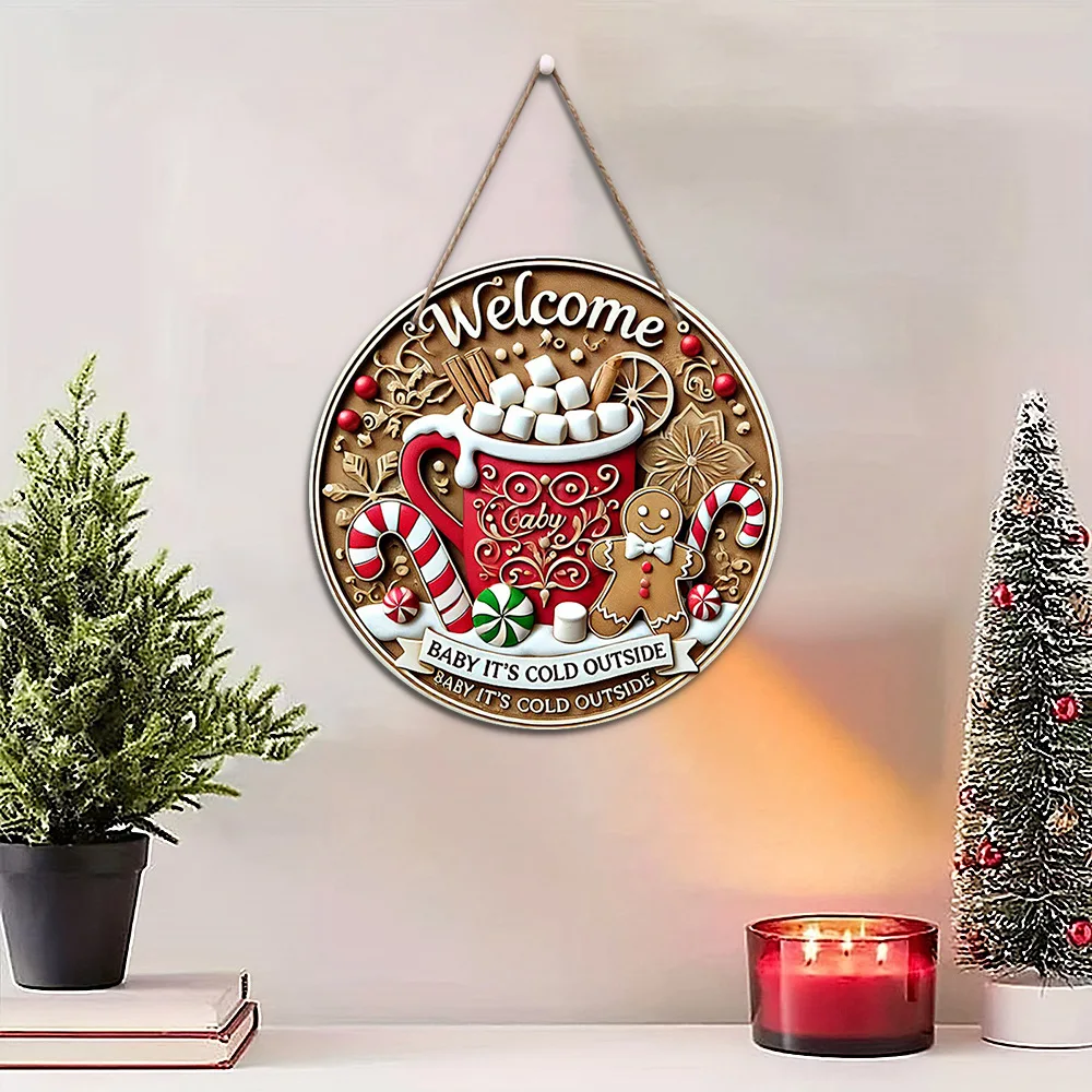 Christmas Doorplate Wooden Circular Santa Claus Pattern Merry Christmas Sign Door Plate Decoration Christmas Home Decoration