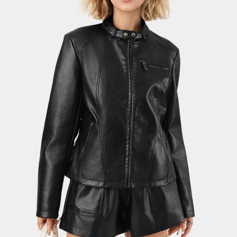 Automne femmes Faux cuir fermeture éclair noir col rond court trajet Pu veste manteau décontracté Streetwear Femmel vêtements d'extérieur Y2K Punk Grunge