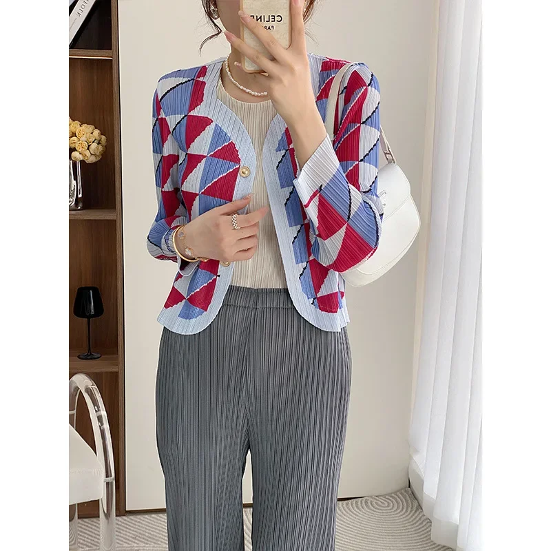 Miyake Pleated Comfortable Casual Temperament Loose Slim Fit Printed Slim Top for Women 2024 Summer New Cardigan Jacket Women