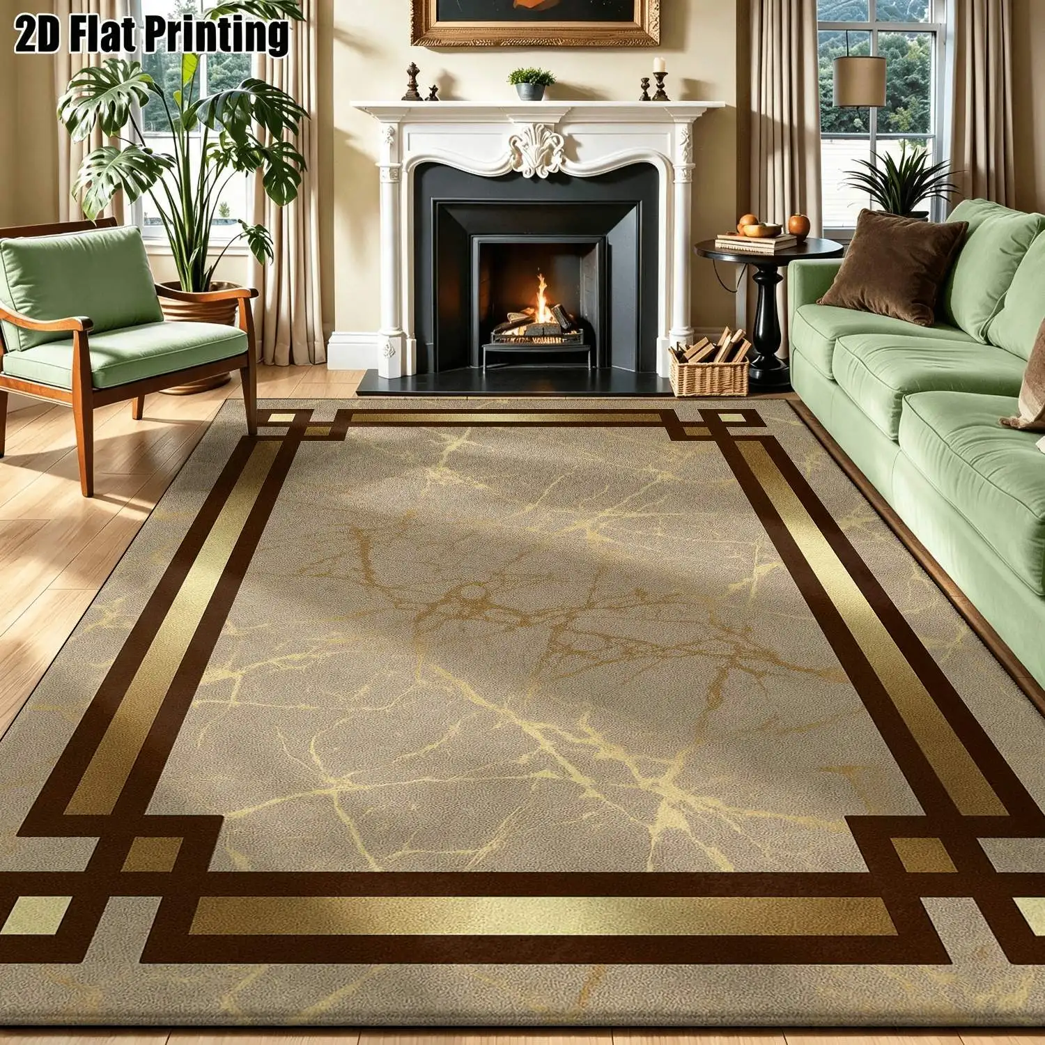 1Pc 2D Printed Beige Cracked-Pattern Border Carpet European Retro Geometric Rug for Home Decor, Multi-Size, Machine Washable, Suitable for Entryway, Dining Room, Foyer, Bedroom, Living Room.