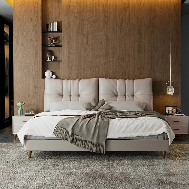 Modern Luxury  Bedroom Furniture Wood Soft Up-holstered Beds Room Queen Double Bed Frame Leather Set with Storage Drawer Design