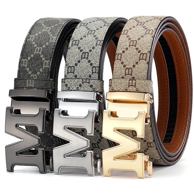 Men's B Letter Automatic Buckle Belt Monogram Print PU Leather Waist Belt for Business Casual Jeans