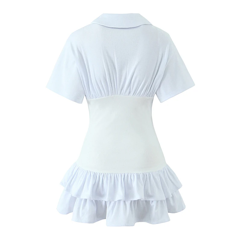 Yenkye doce menina peter pan colarinho manga curta branco mini vestido feminino fino em camadas plissado hem vestidos de verão estilo preppy robe