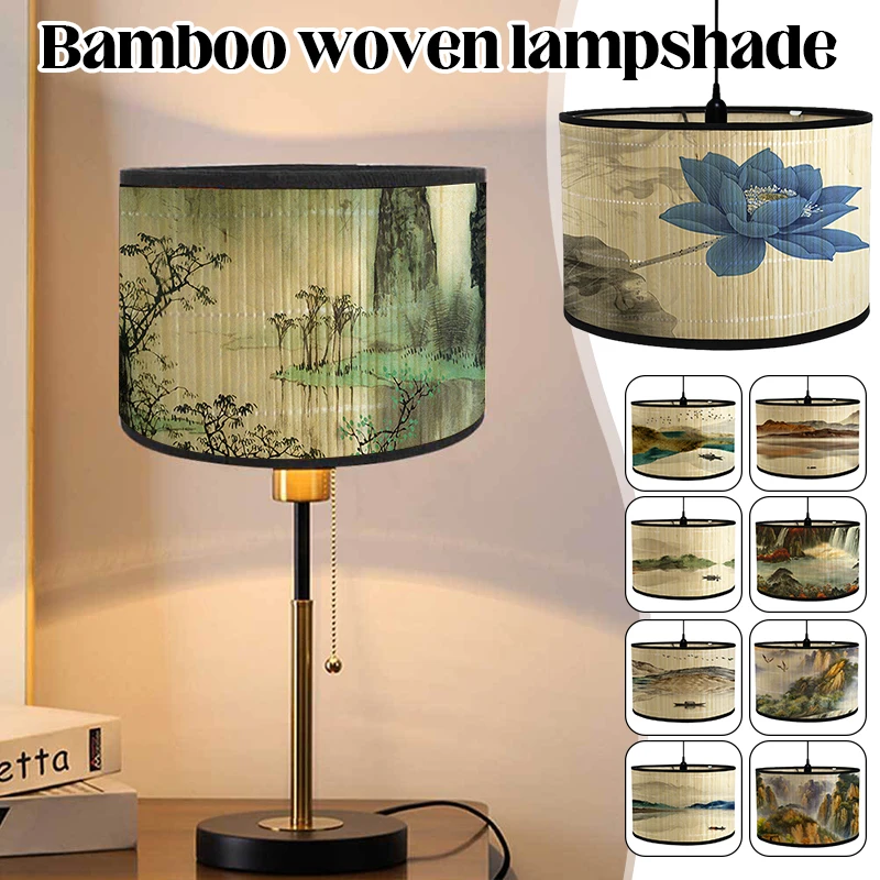 Retro Style Plant Printing Lampshade Bamboo Lamp Japanese Style Homestay Folk Chandelier Light Cover Wall Lamp Shade Decoration