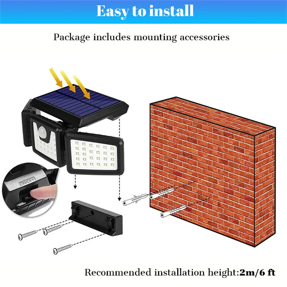 Lámpara Solar LED de pared para exteriores, luz de seguridad con Sensor de movimiento PIR, impermeable IP65, 3 cabezales, 74 LED