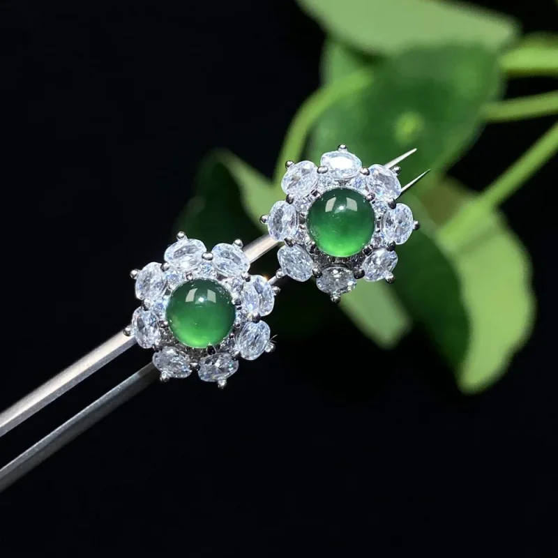 

New Natural A-Grade Jade Petal Shape S925 Silver Inlaid Rhinestone Stud Earrings For Ladies Jewelry Gift (With Certificate)