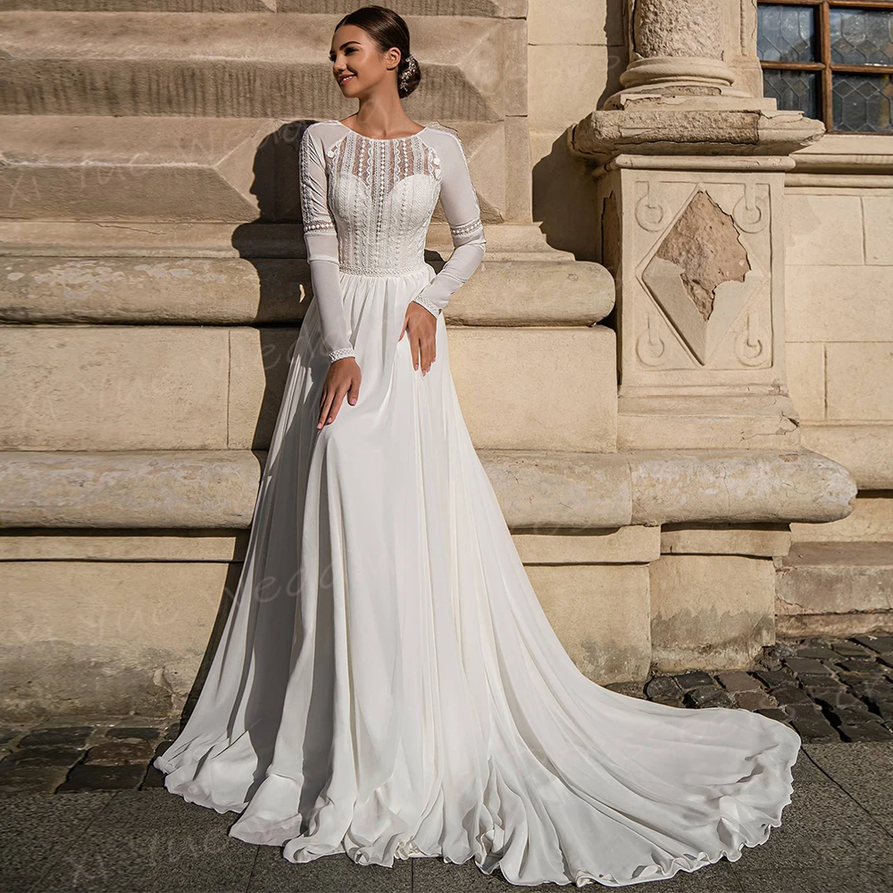 Vestidos De novia con cuello redondo para mujer, traje De gasa con botones, manga larga, A la moda