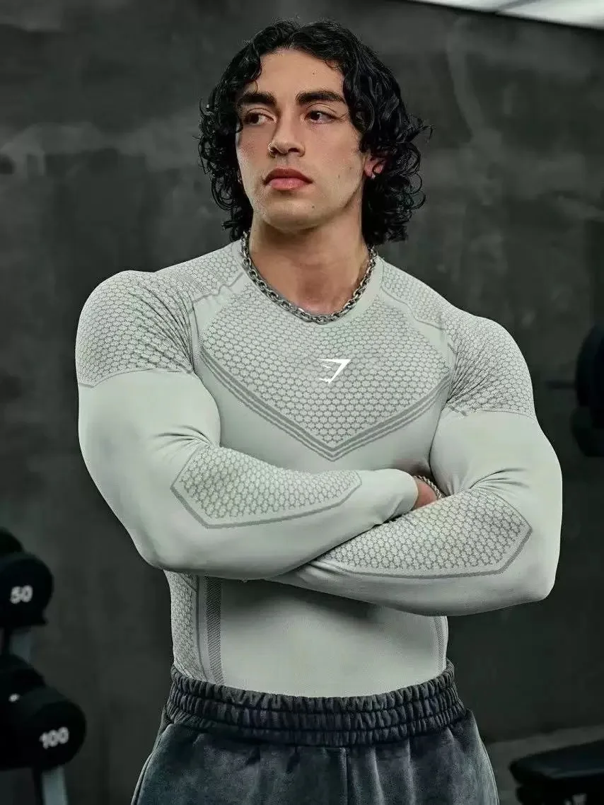 GYMSHARK Fitness Long sleeved Men's Autumn/Winter Base Shirt Elastic Quick drying Tight Clothes Cycling Trendy Printed T-shirt