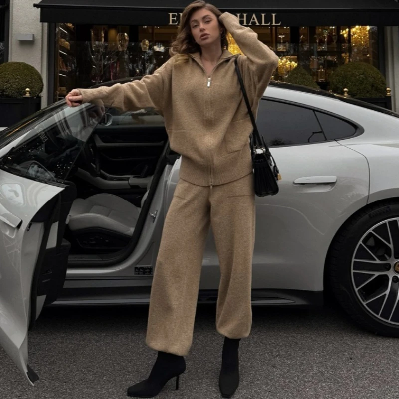 

Tsiisd Fashion Knit Women's Trousers Sets Half Open Collar Sweater Wide Leg Pants Casual Commute Luxury Party Outfits Female New