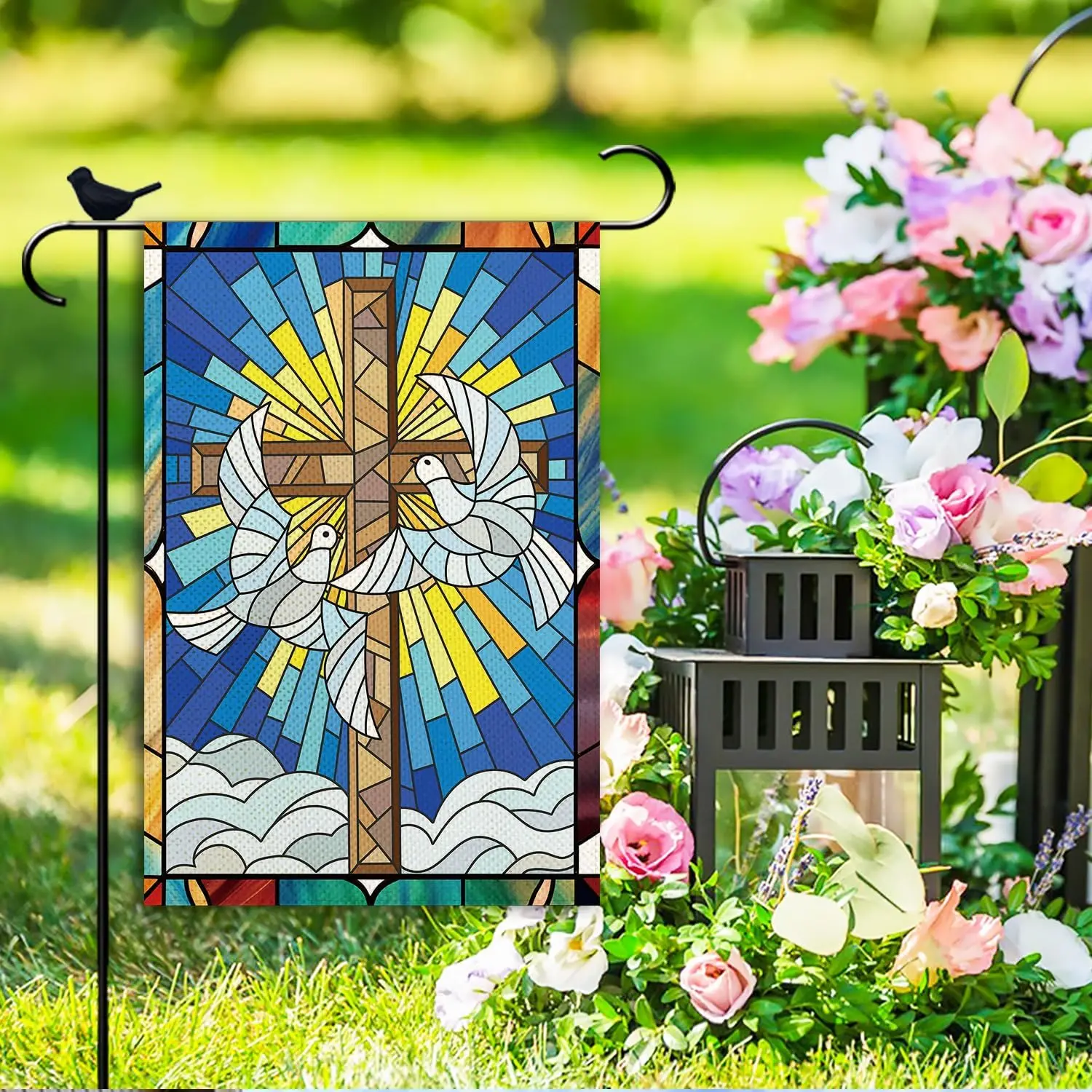 Dove Glass Garden Flag Christ Religious Cross Flag double sided Burlap Farmhouse Decor 12.5x18 Inch yyi