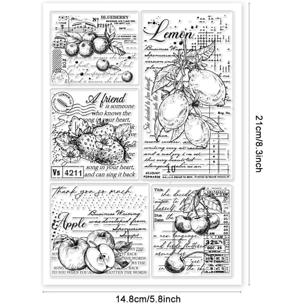 Vintage Fruit Background Grunge Clear Stamps for DIY Scrapbooking Retro Words Silicone Clear Stamp Seals 21x15cm Transparent