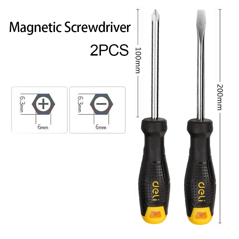 Deli 2Pcs Magnetic Screwdrivers Set with Phillips and Slotted Multi-Purpose Flat Head Cross Screwdriver Household Tool Set