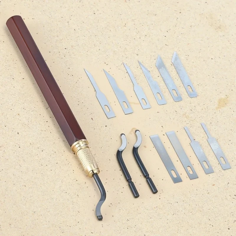 Hand Carved Knife Replaceable Multi Blade Metal Burr Trimming Tool Acid Wood Handle Wood Carving Paper Carving Small Pen Knife