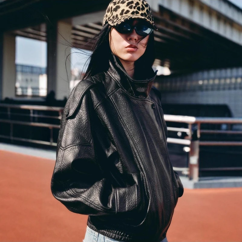 Europa, Ameryka Zimowy Nowy Produkt Uliczny Styl Wypoczynkowy Stójka Modny Temperament Skóra Liczi Jednolity Kolor Kurtka Damska