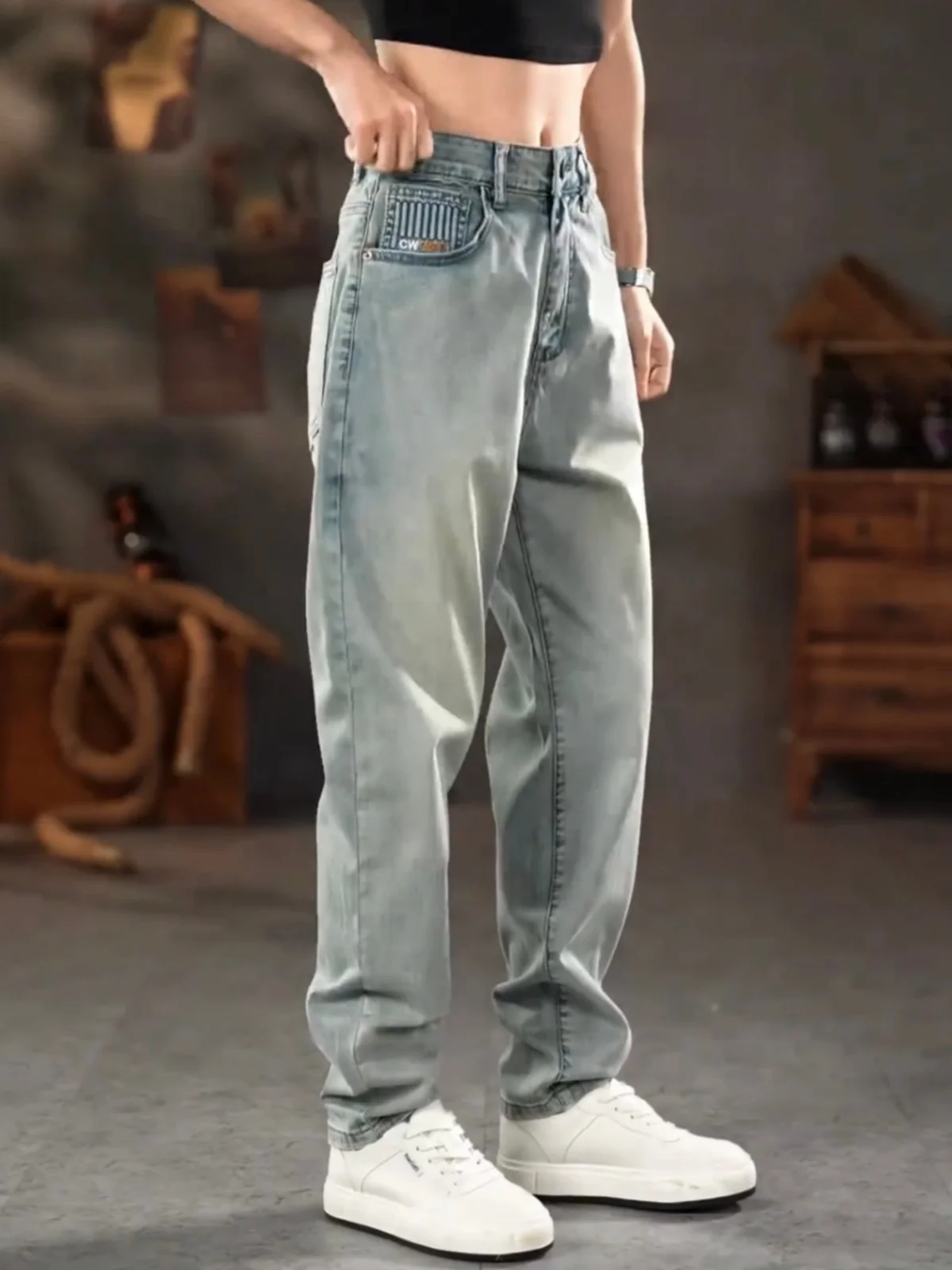 

Весенние мужские джинсы в американском ретро-стиле с вышивкой, прямые, универсальные, дышащие, эластичные, конусообразные, повседневные брюки