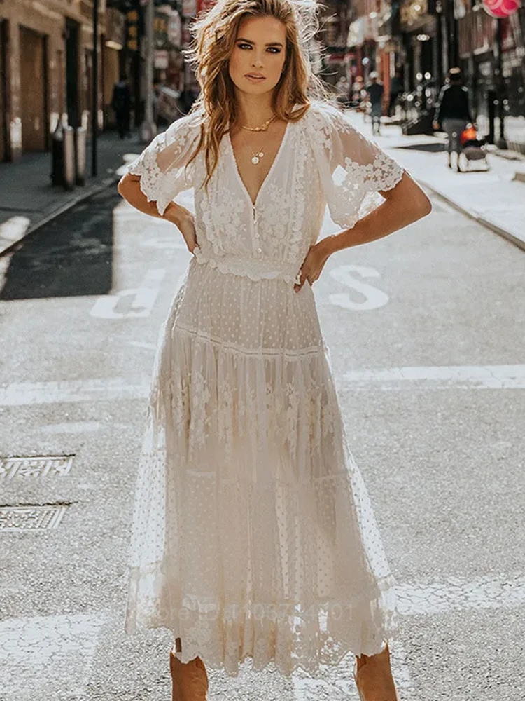 Hollow Out White Dress Sexy Women Lace Long Dress Cross Semi-Sheer Plunge V-Neck Short Sleeve Lace Maxi Dress Vestido De Mujer