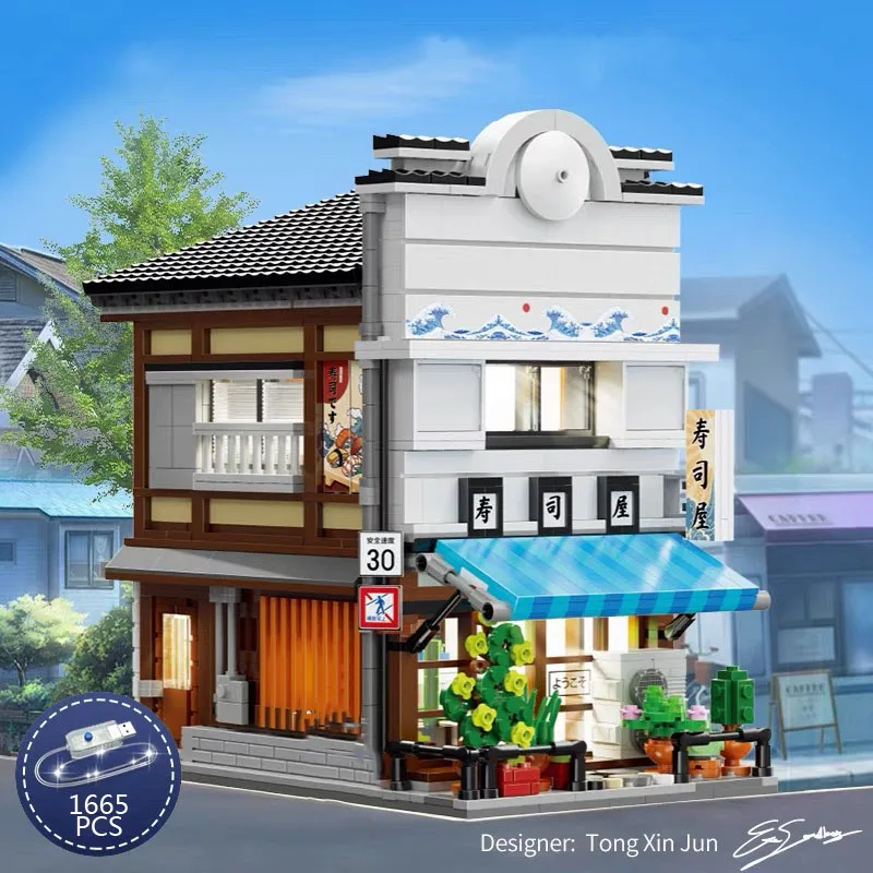 Kreativer japanischer Stadt-Straßenansicht-Baustein mit Licht, japanisches Sushi-Haus, Straßenbild, Baustein-Spielzeugkollektion