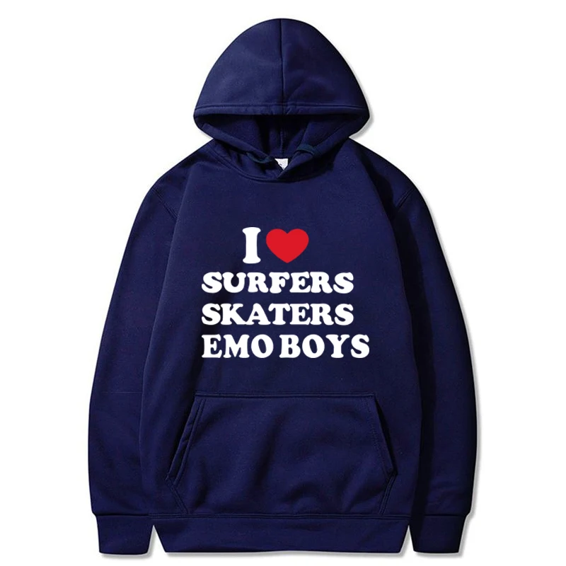 Moletom estampado I Love Surfers para homens e mulheres, pulôver casual de grandes dimensões, moletom Harajuku, patinadores engraçados, Emo Boys, outono, moda inverno