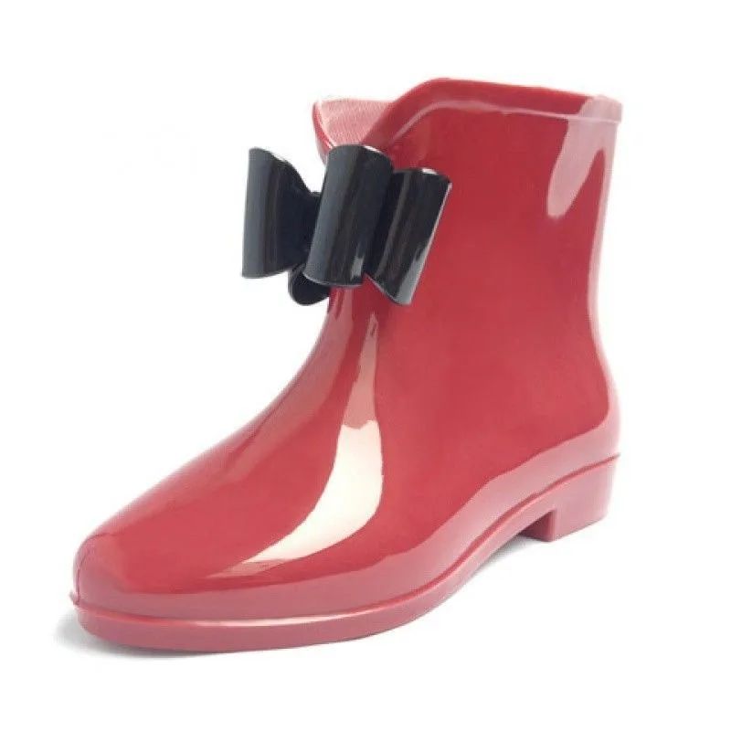 Botas de lluvia de tacón bajo con lazo a la moda para mujer, botas de goma de PVC antideslizantes impermeables, zapatos de goma para acampar