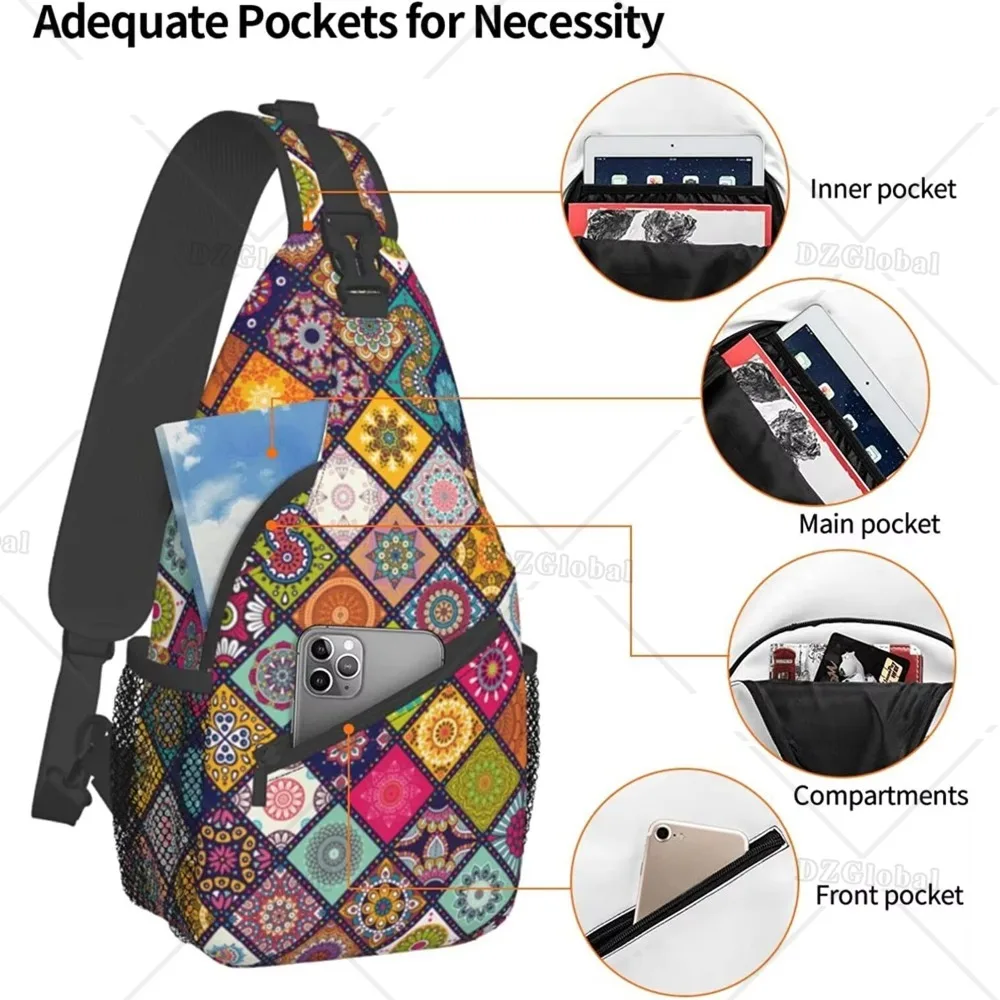 Boho Ethnic Pattern Sling Bag Chest Crossbody Backpack Travel Hiking Daypack for Unisex Lightweight Shoulder Bags