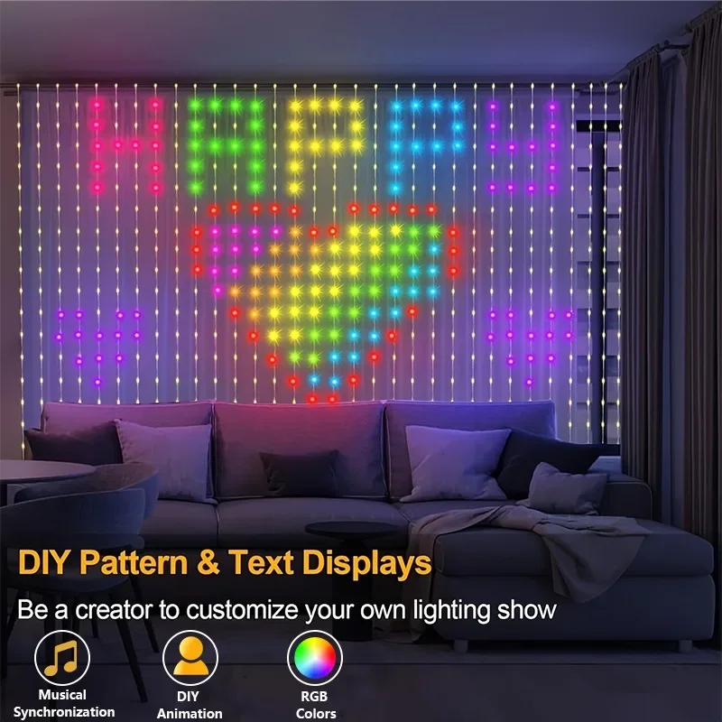 ไฟม่าน LED ไฟประดับตกแต่งห้องนอน ควบคุมผ่านแอพฯ รีโมทคอนโทรล RGB เปลี่ยนสีได้เอง ใช้เป็นไฟฉากหลังสำหรับตกแต่งบ้านในเทศกาลคริสต์มาส