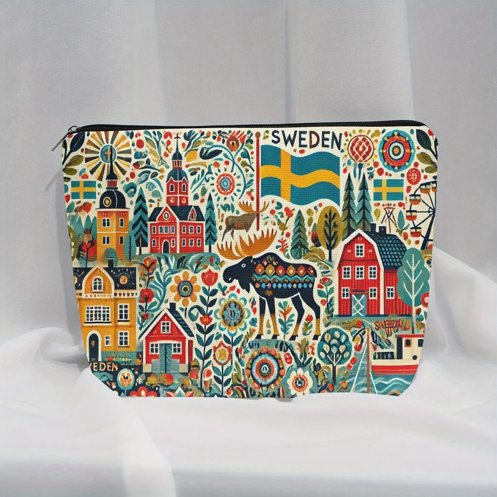 スウェーデンをテーマにした化粧ポーチ - 女性用多機能ジッパーポーチ、ジュエリー収納バッグ、旅行に最適なジッパー付き小型収納バッグ。