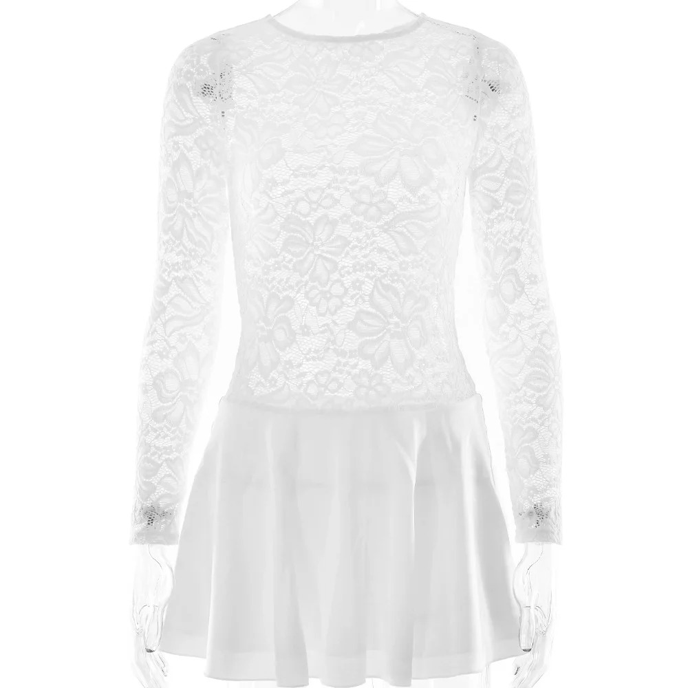 فستان قصير من الدانتيل جديد على الموضة للنساء رداء أنيق مرقع بياقة دائرية وشفاف عالي الخصر على شكل حرف a فستان مثير للحفلات والنوادي #5