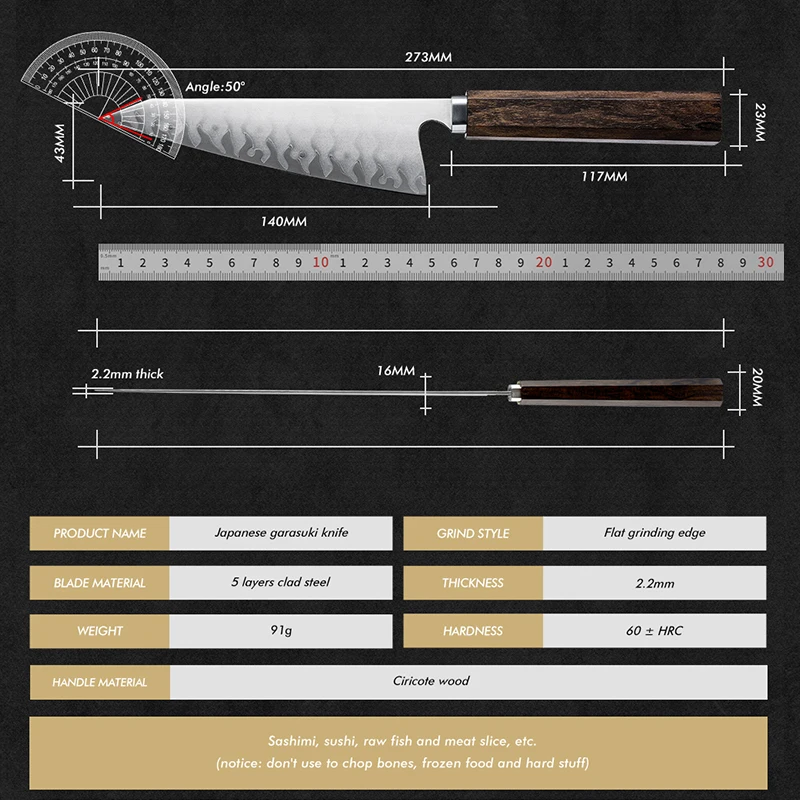 Grandsharp Janpanese 5.5 Inch Bunka Knife Hand-Forging 2 Layers of 430 Stainless Steel Ciricote Wood Handle For Sashimi Sushi