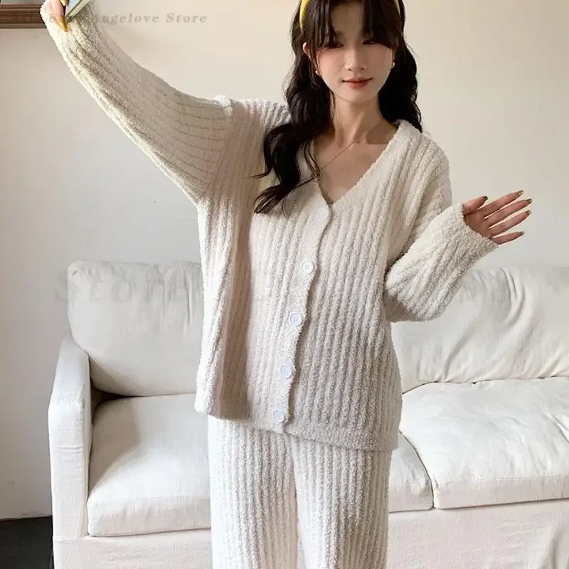 

Кардиган с длинным рукавом и v-образным вырезом, одежда для сна, пижамный костюм, женский осенне-зимний плотный фланелевой пижамный комплект, плюшевая теплая домашняя одежда, домашняя одежда
