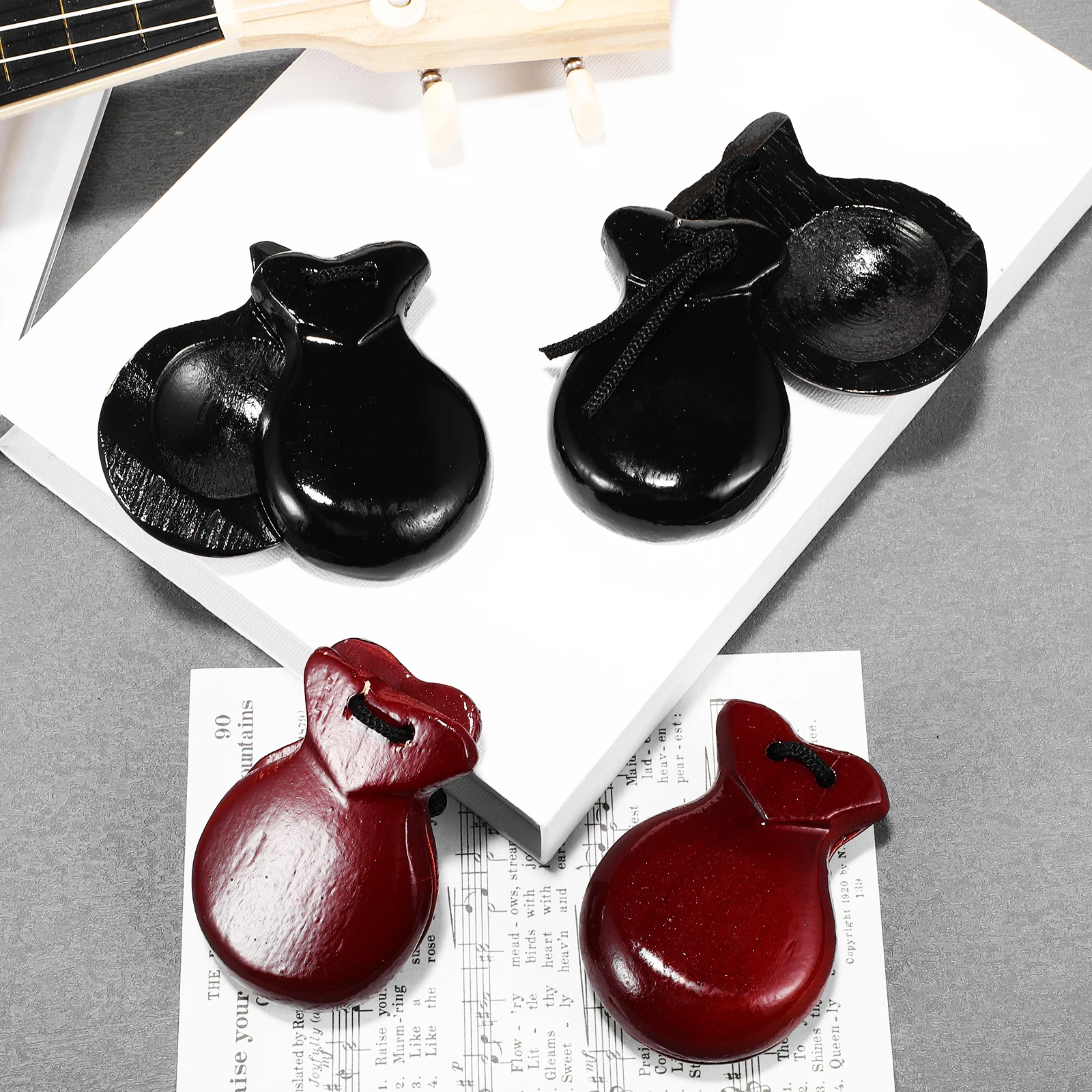 

Wooden Castanets 2 Pairs Brown Black Musical Instrument Percussion Finger Flapper Compact Handheld Sturdy Construction Multi