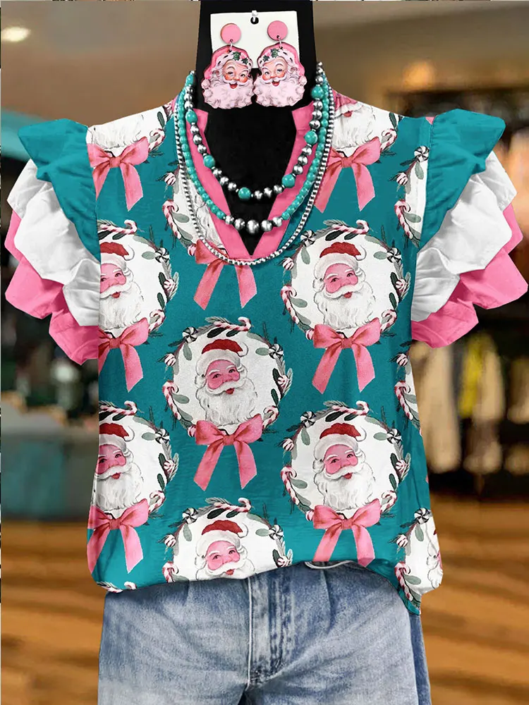 Cute Christmas Santa Claus Print Fly Sleeve Top Ruffled  Blouse