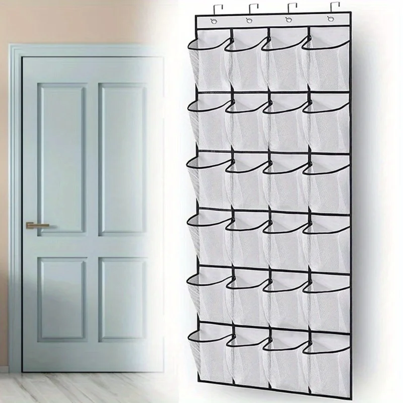 1x 24 Grid Wall-mounted Sundries Shoe Organiser Fabric Closet Bag Storage Rack Mesh Pocket Clear Hanging Over The Door Cloth Box