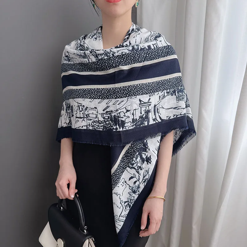 

Женский квадратный платок из смесовой ткани хлопок-лен в европейском и американском архитектурном стиле, 130x130 см. Элегантный и универсальный шарф-платок.