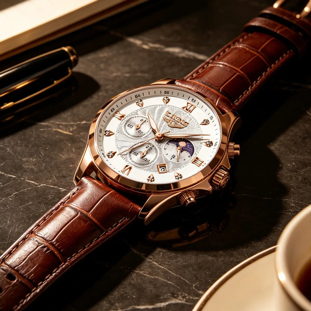 LIGE Herrenuhren Casual Business Uhr Luxus Wasserdicht Datum Leuchtend Chronograph Armbanduhr Quarzuhr Lederuhr